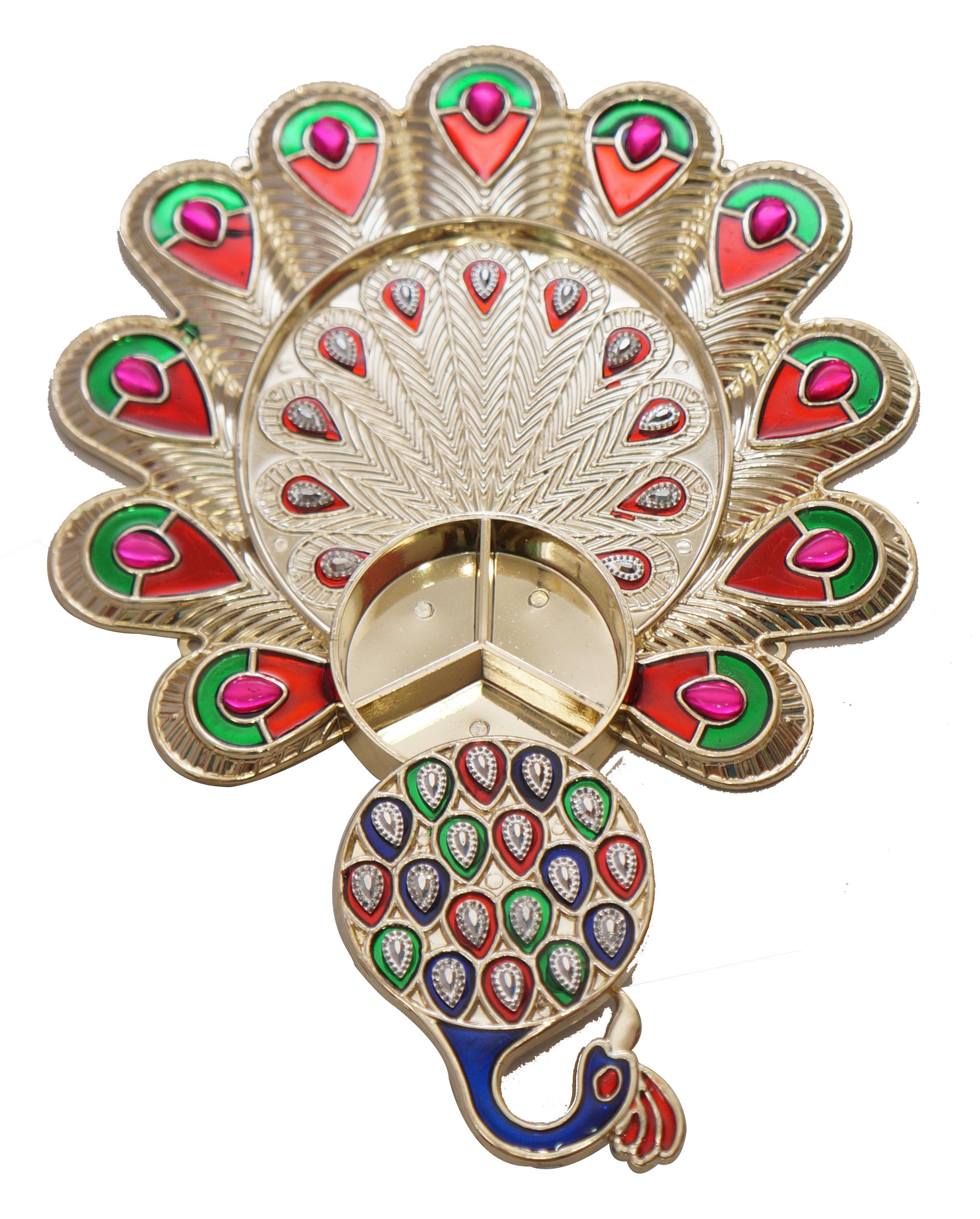Acrylic Minakari Peacock Shape Haldi Kumkum Holder/Rakhi Platter/Pooja Thali/Welcome Plate