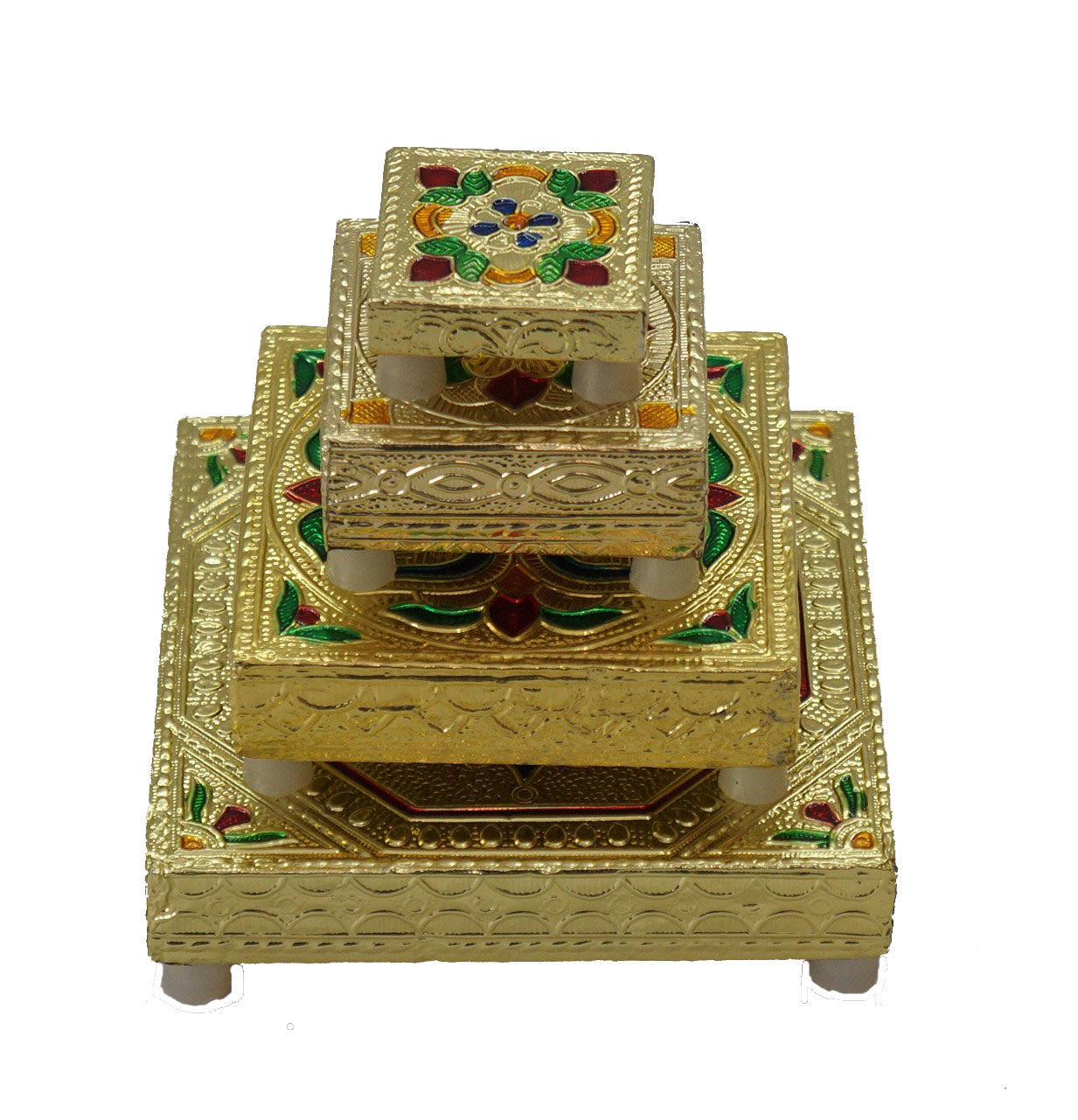 Wooden Minakari Golden Chaurang/Chowki/Bajot/Pata Set of 4 pcs (Small)