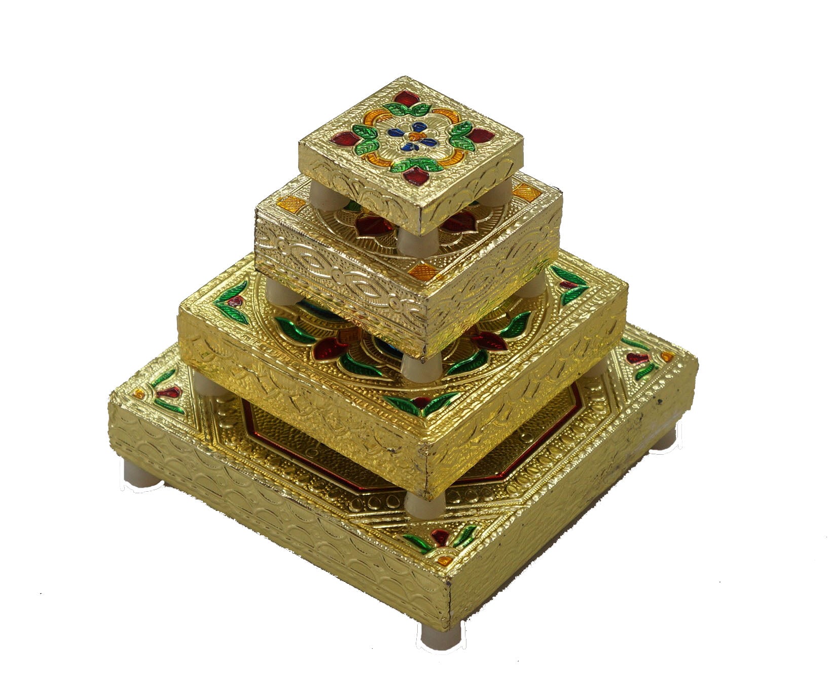 Wooden Minakari Golden Chaurang/Chowki/Bajot/Pata Set of 4 pcs (Small)