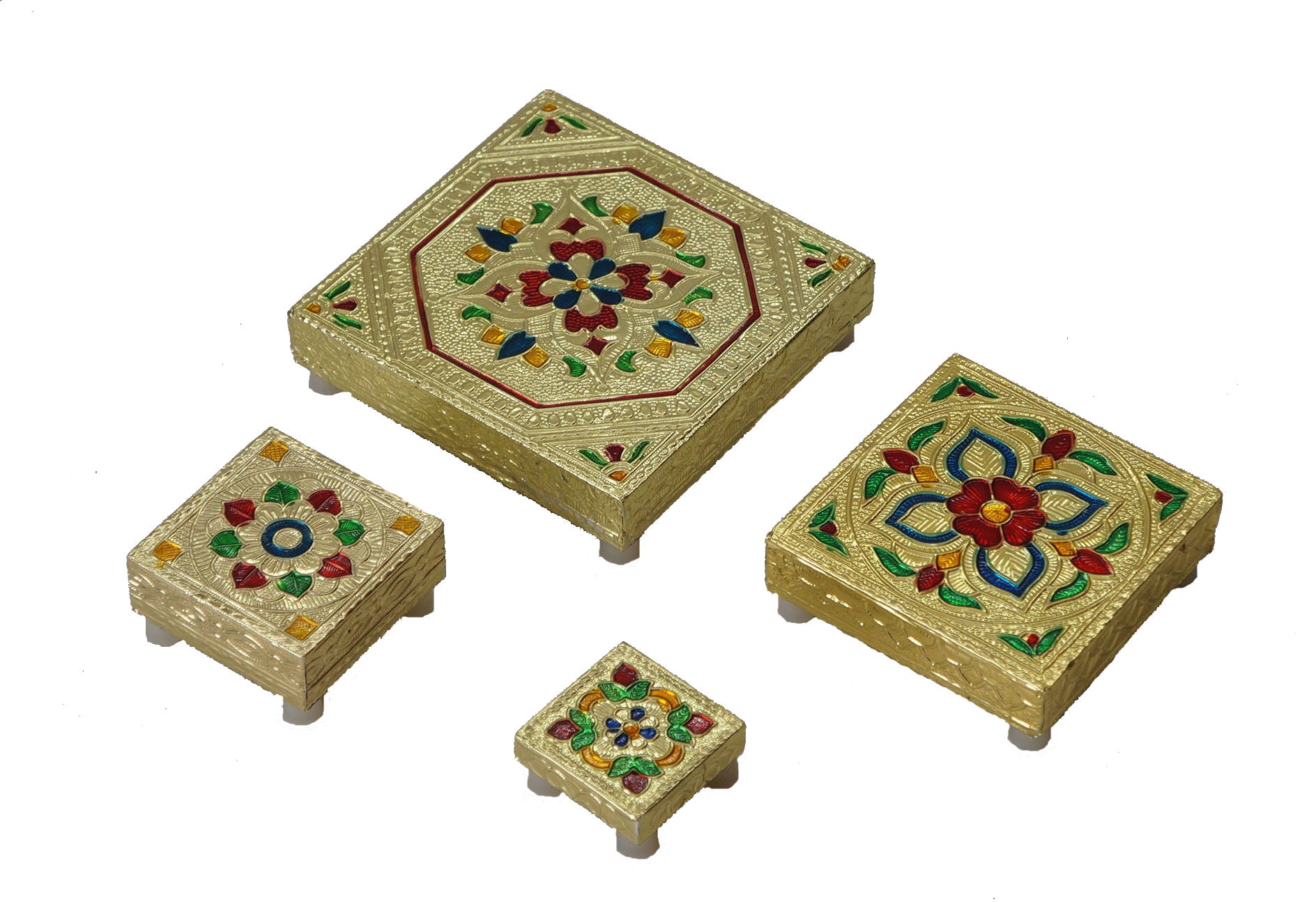 Wooden Minakari Golden Chaurang/Chowki/Bajot/Pata Set of 4 pcs (Small)