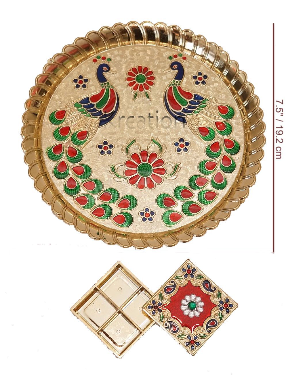 Acrylic Round Shape Peacock Printed Haldi Kumkum Holder/Rakhi Platter/Pooja Thali