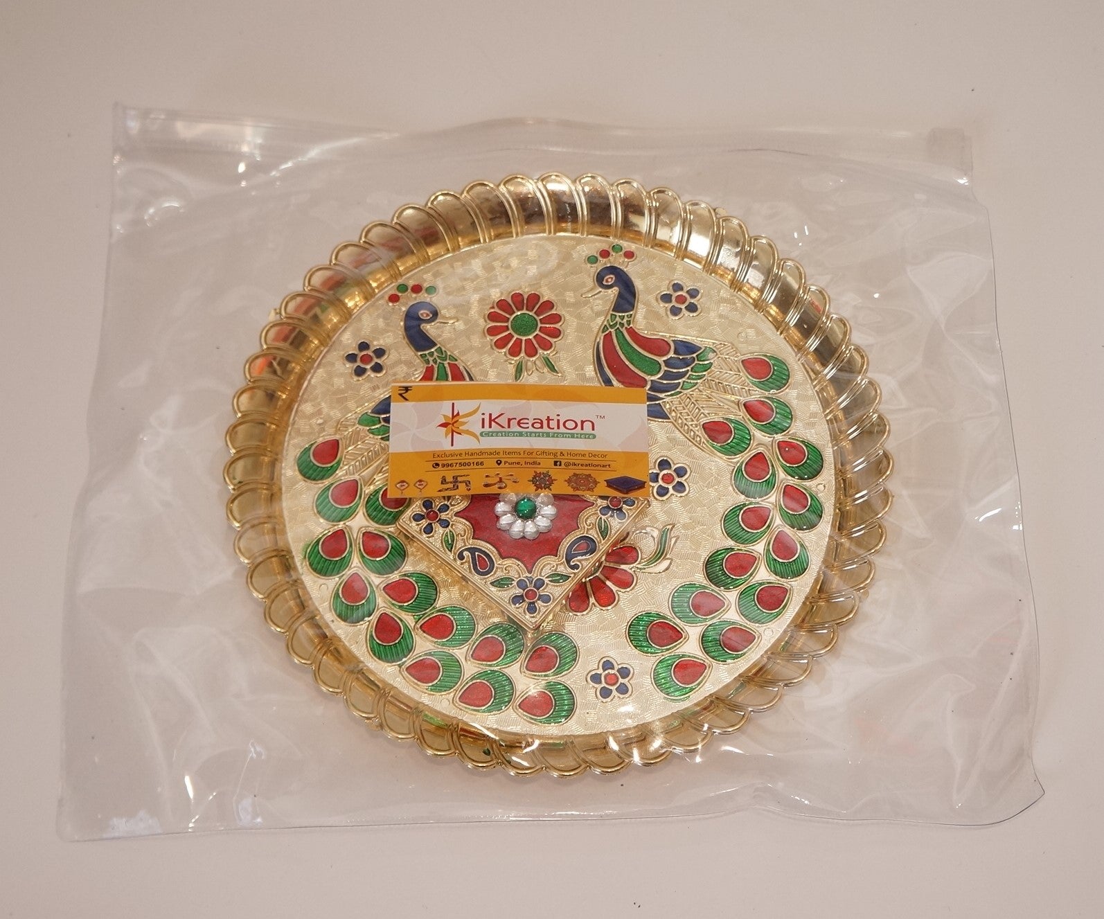 Acrylic Round Shape Peacock Printed Haldi Kumkum Holder/Rakhi Platter/Pooja Thali