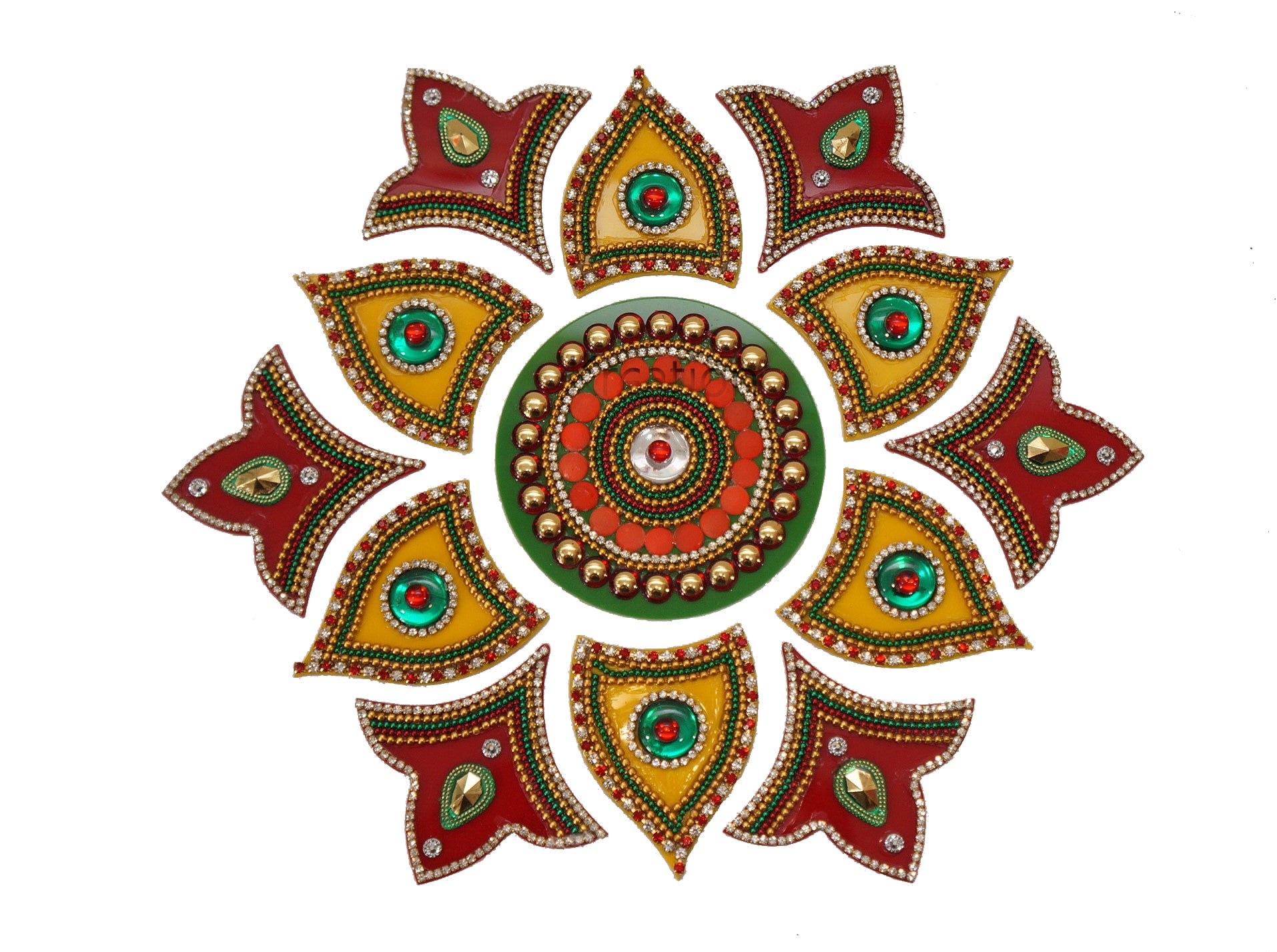 Acrylic Flower Shape Rangoli Pack (Red & Yellow) (23 Cm X 23 Cm)- Set of 13