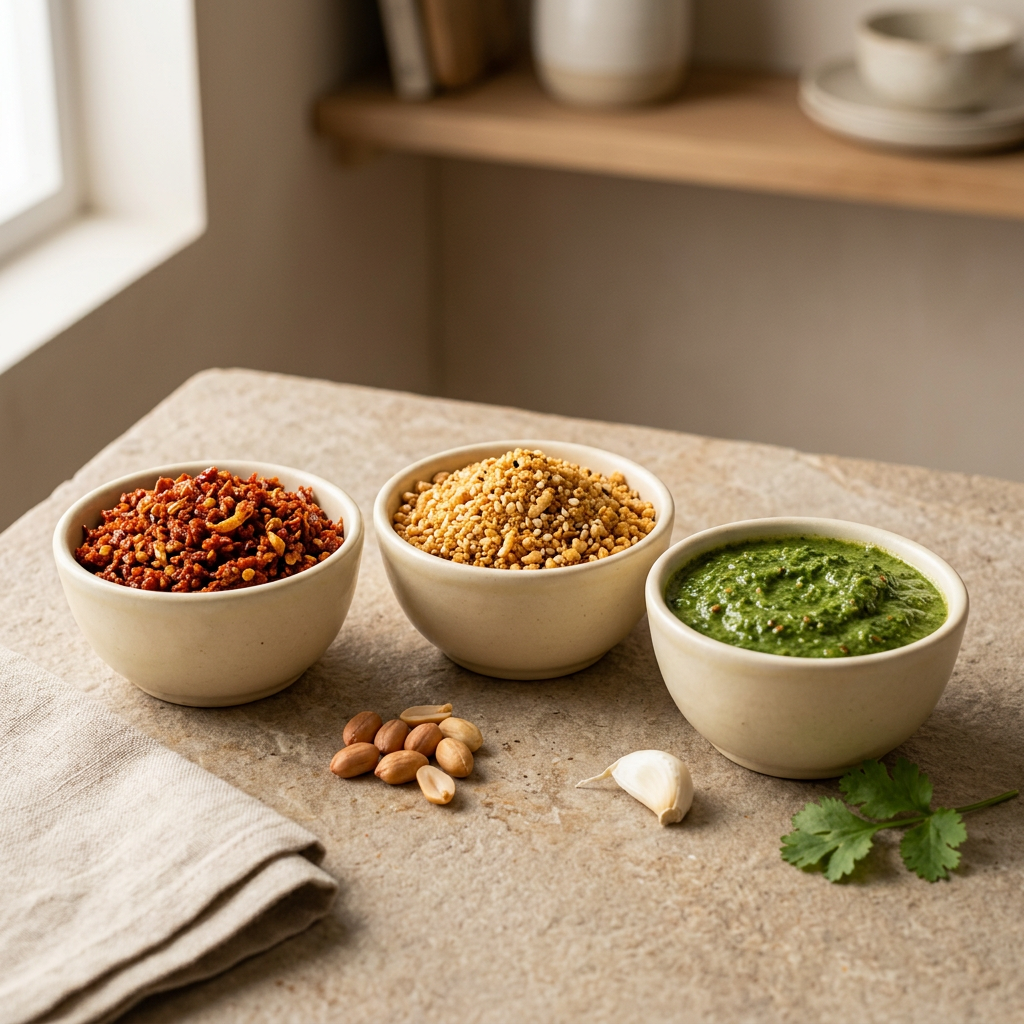 Assorted chutneys in ivory ceramic bowls