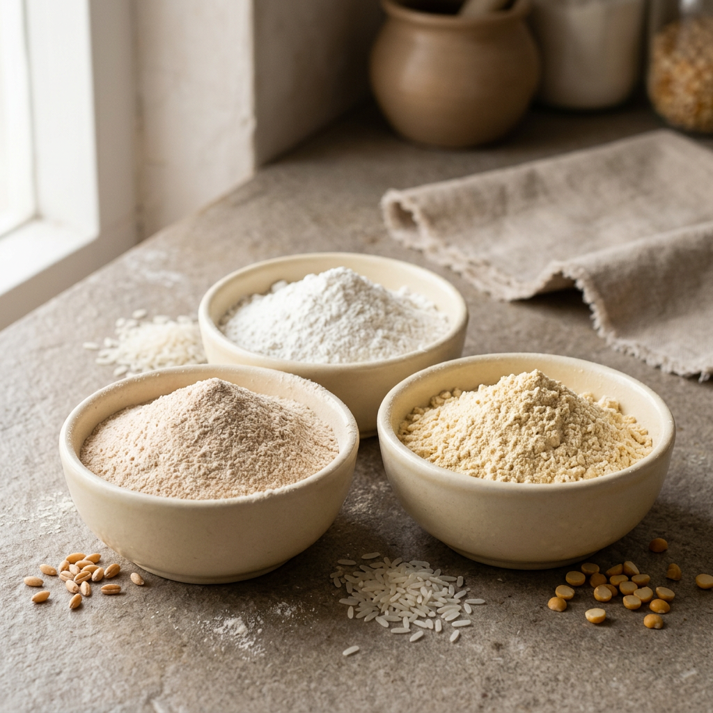 Assorted flours in ivory ceramic bowls