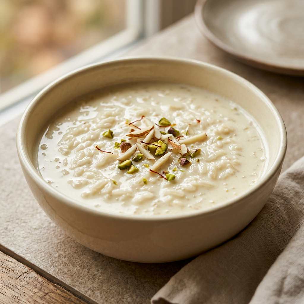 Creamy rice kheer in an ivory ceramic bowl