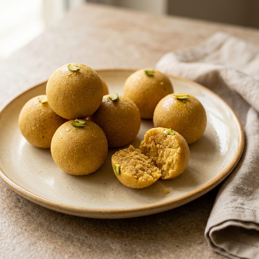 Golden besan ladoos on an ivory ceramic plate