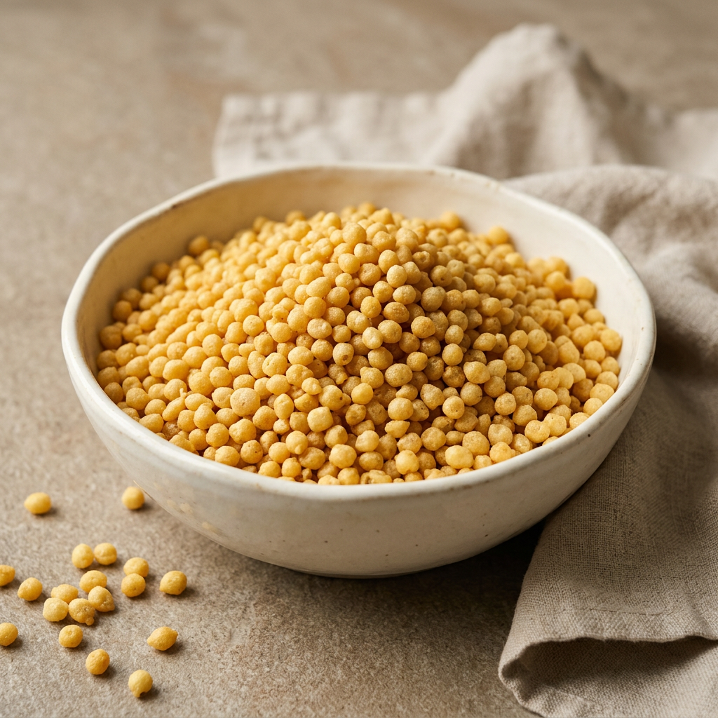 Golden boondi in an ivory ceramic bowl