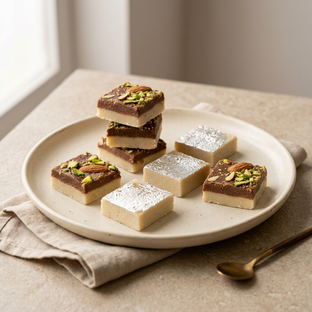 Burfi assortment styled on an ivory ceramic plate