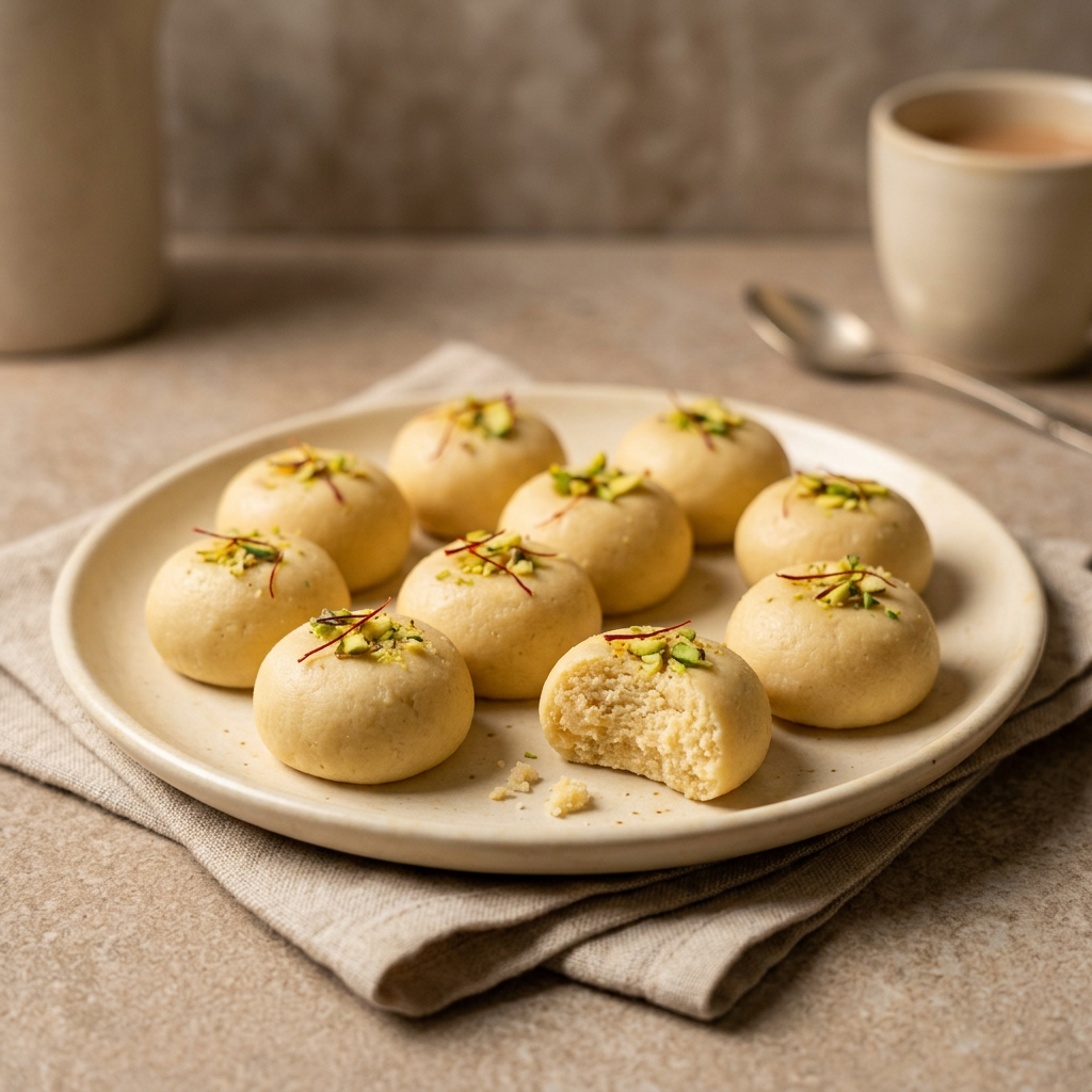 Pedhas styled on a ceramic plate in soft natural light