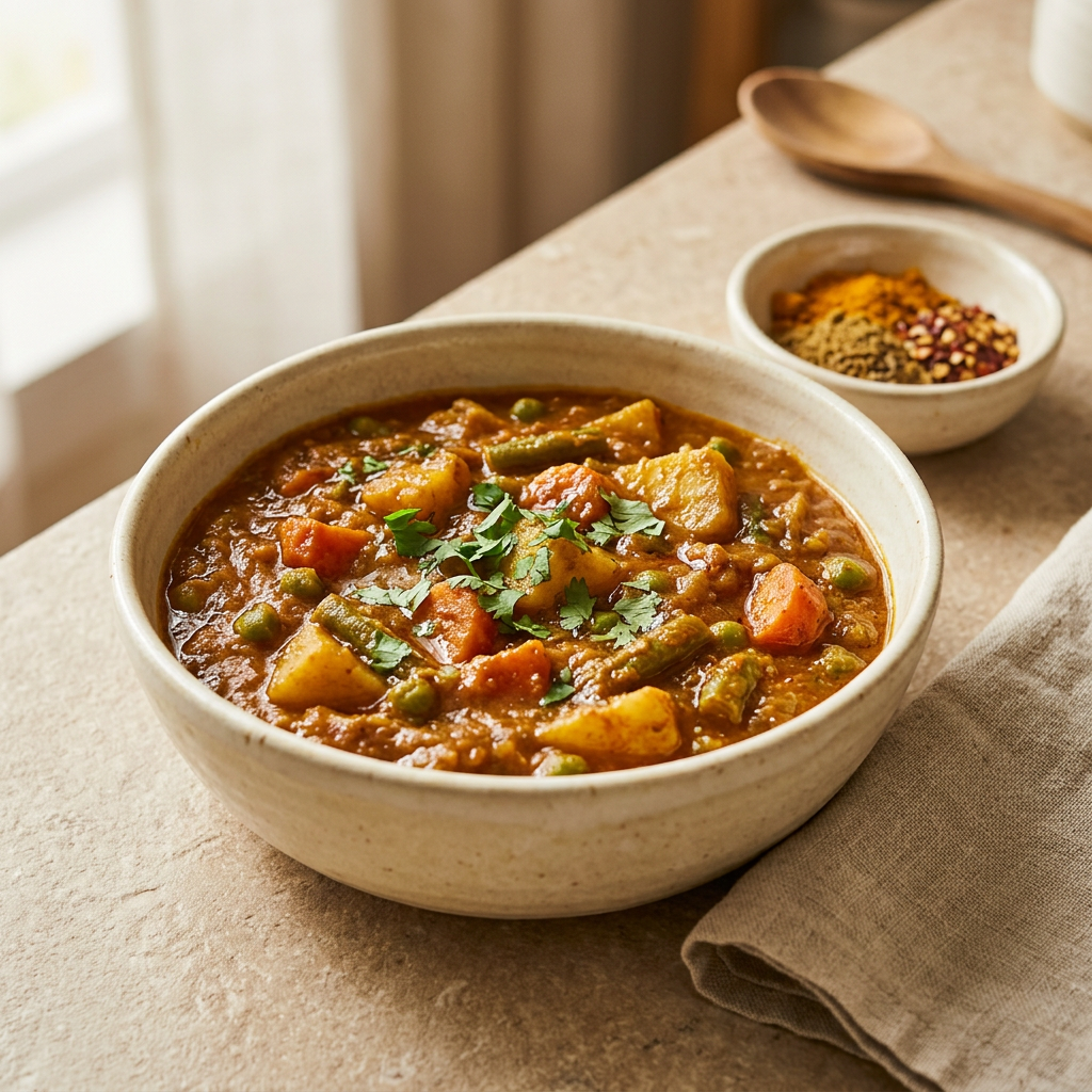 Instant curry collection image with vegetarian curry in an ivory bowl