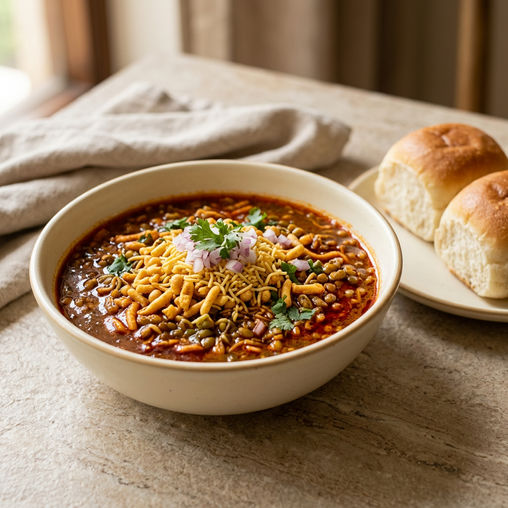 Maharashtrian misal with farsan and pav