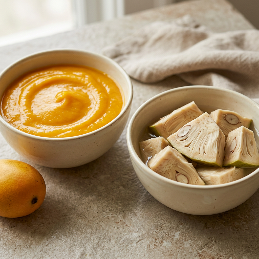Mango pulp and jackfruit vegetable preserve in ivory bowls