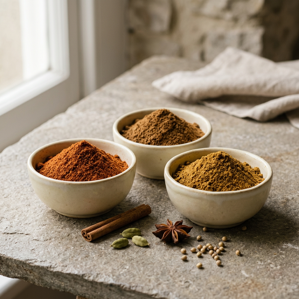 Masala spice blends in ivory ceramic bowls