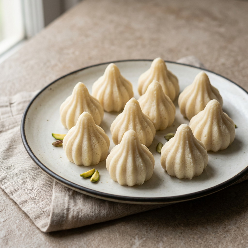 Modak-shaped milk pedhas on an ivory ceramic plate
