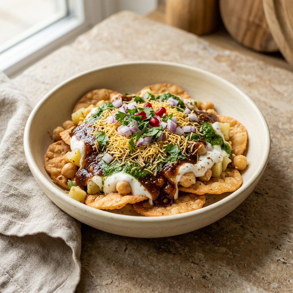 Papdi chaat in an ivory ceramic bowl