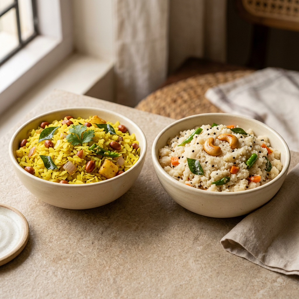 Prepared pohe and upma in ivory ceramic bowls