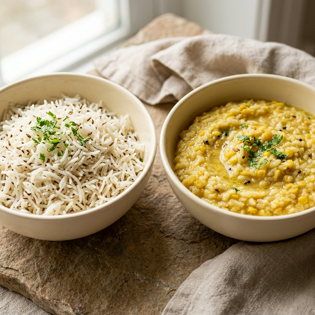 Prepared rice and khichdi in ivory ceramic bowls