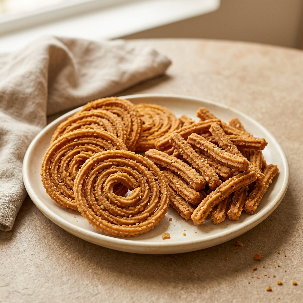 Spiral chakli and chakli sticks on an ivory ceramic plate