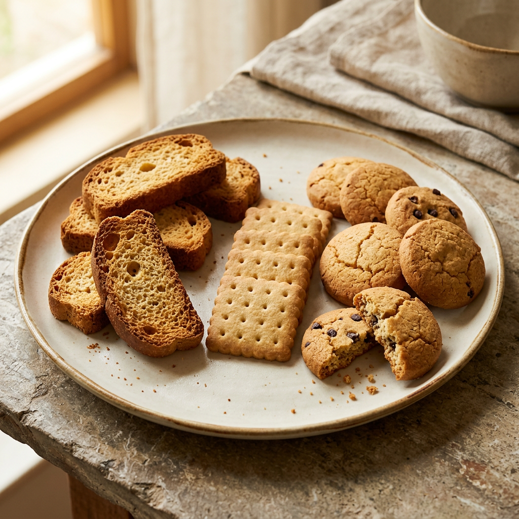 Toasts, biscuits and cookies on an ivory platter