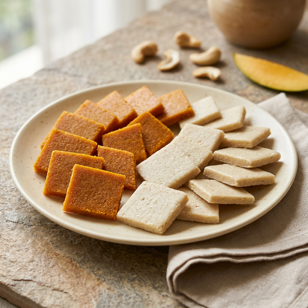 Traditional flat mango and cashew vadis