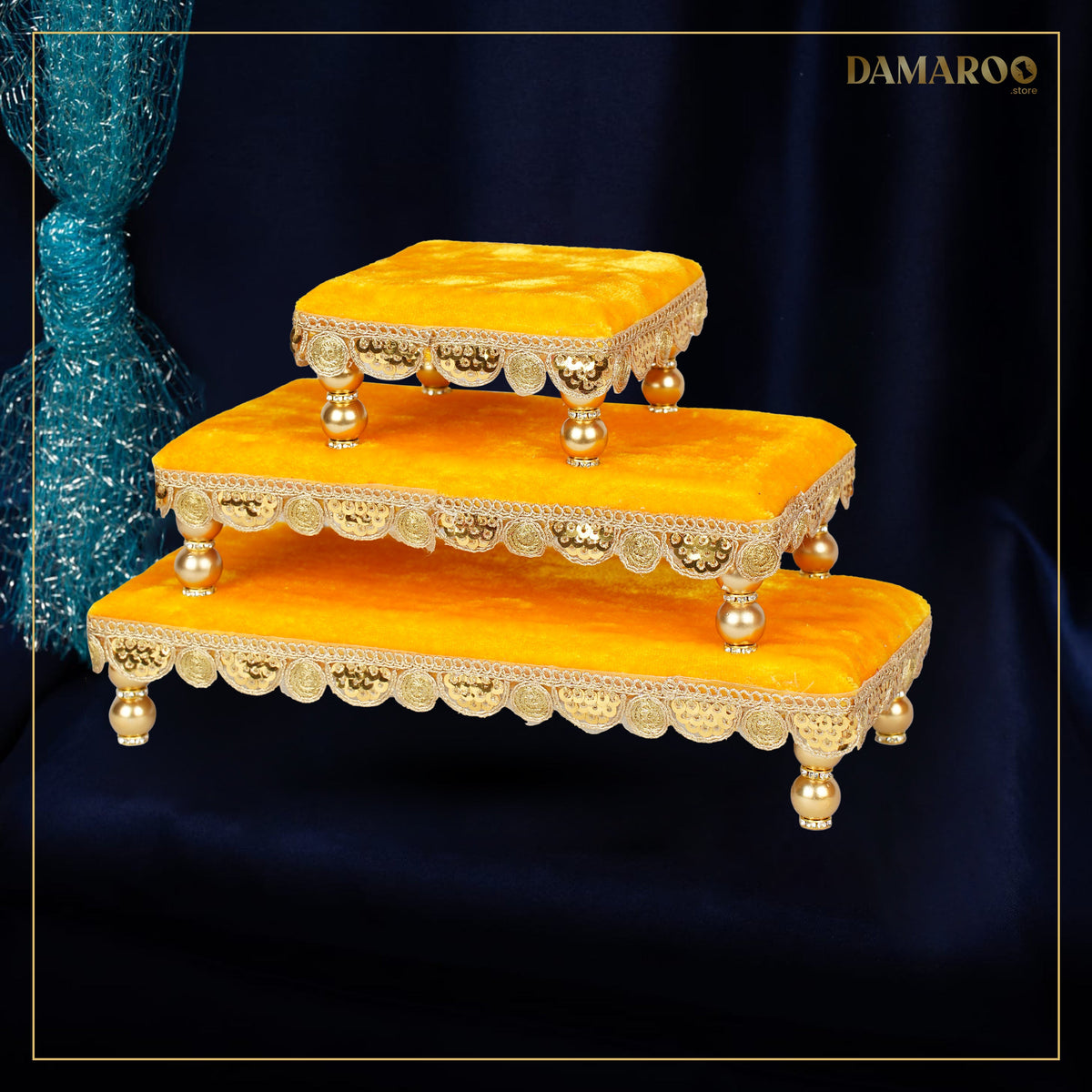Bhakti Bliss Chowki Set  of 3 | Round Golden Frill