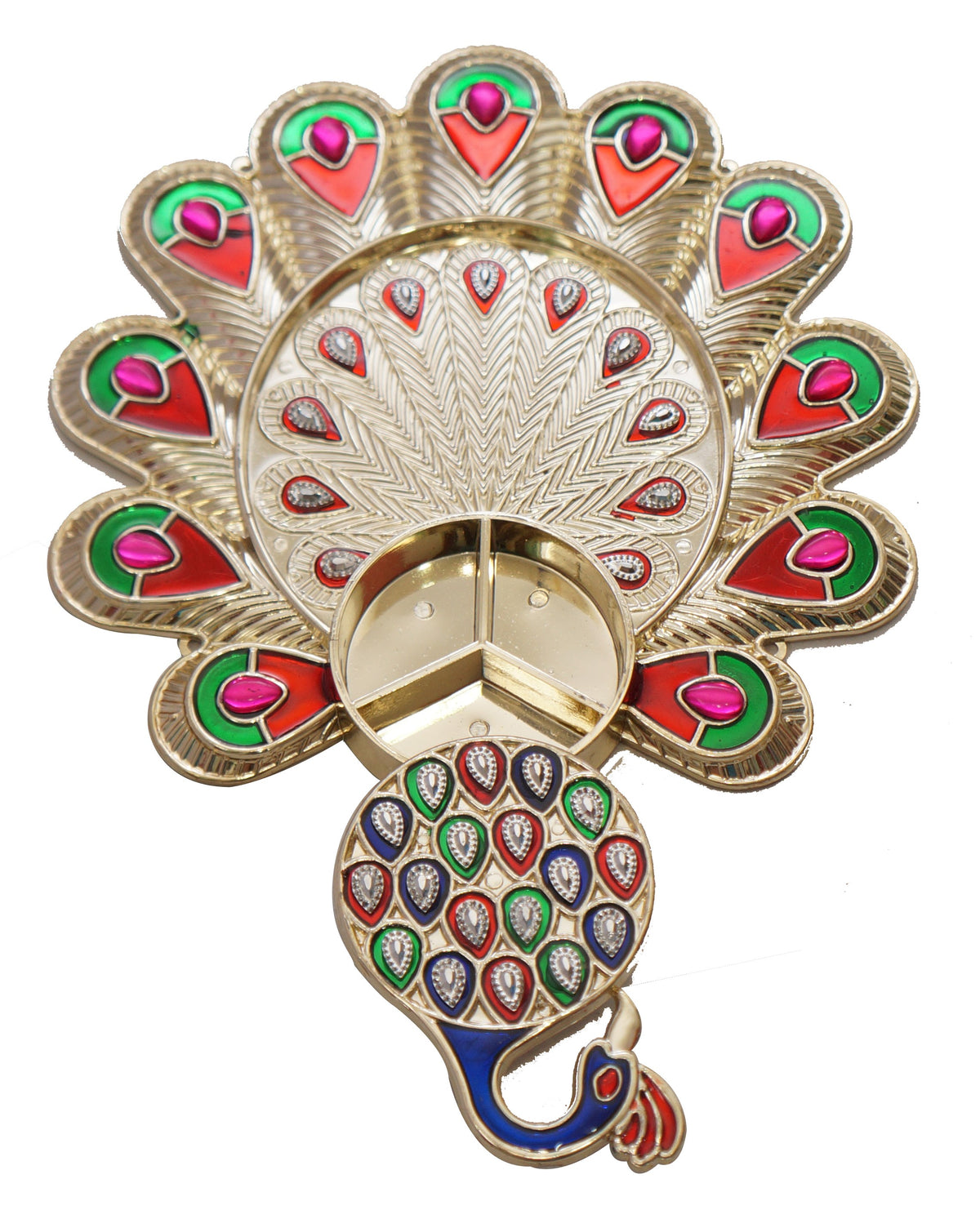 Acrylic Minakari Peacock Shape Haldi Kumkum Holder/Rakhi Platter/Pooja Thali/Welcome Plate