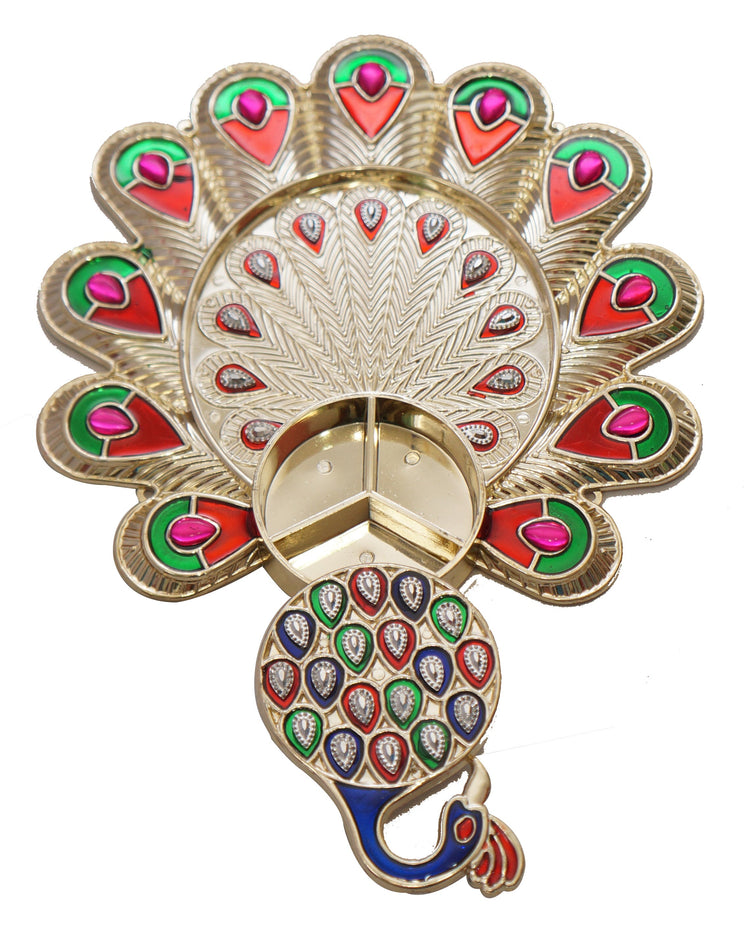 Acrylic Minakari Peacock Shape Haldi Kumkum Holder/Rakhi Platter/Pooja Thali/Welcome Plate