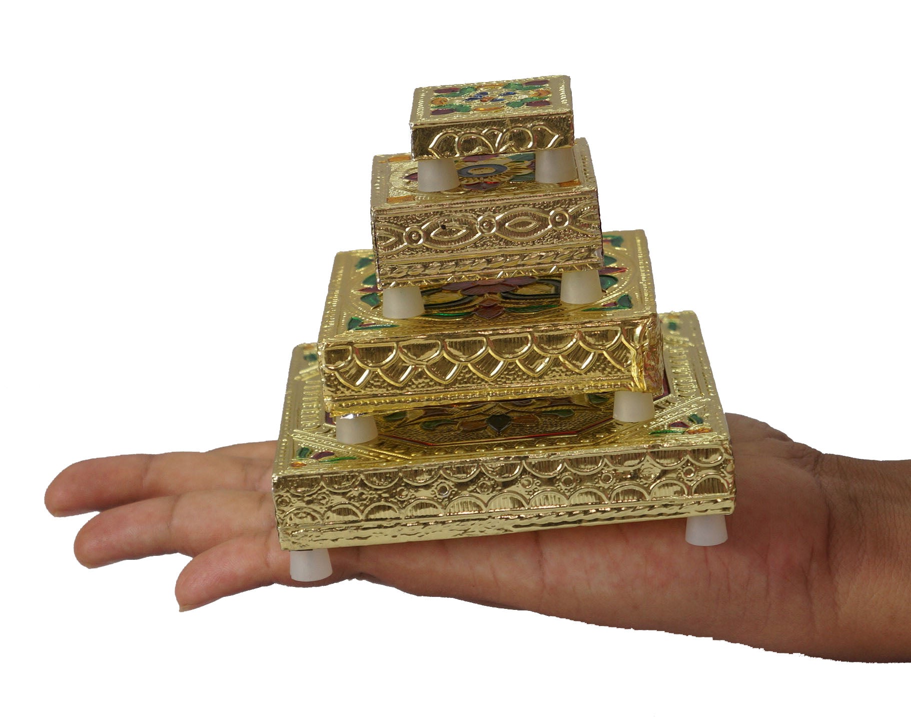 Wooden Minakari Golden Chaurang/Chowki/Bajot/Pata Set of 4 pcs (Small)