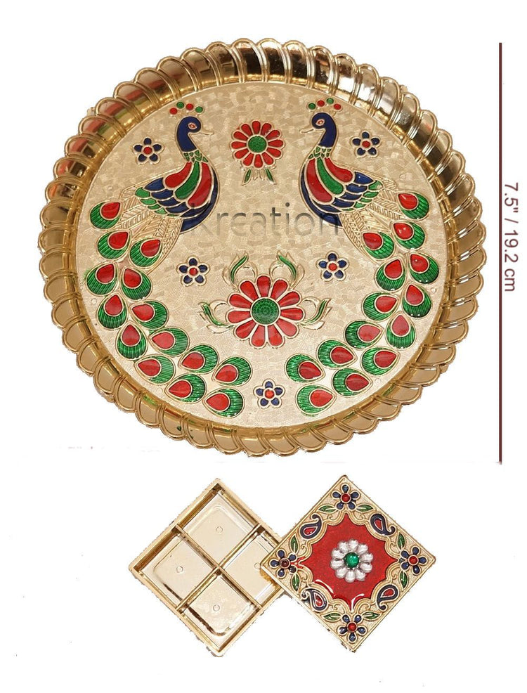 Acrylic Round Shape Peacock Printed Haldi Kumkum Holder/Rakhi Platter/Pooja Thali