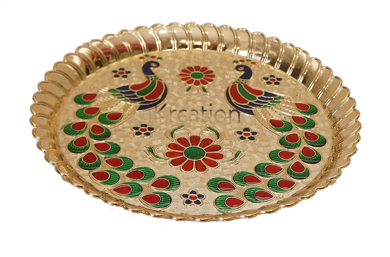 Acrylic Round Shape Peacock Printed Haldi Kumkum Holder/Rakhi Platter/Pooja Thali