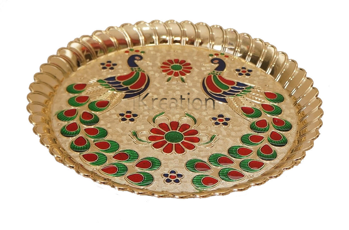 Acrylic Round Shape Peacock Printed Haldi Kumkum Holder/Rakhi Platter/Pooja Thali