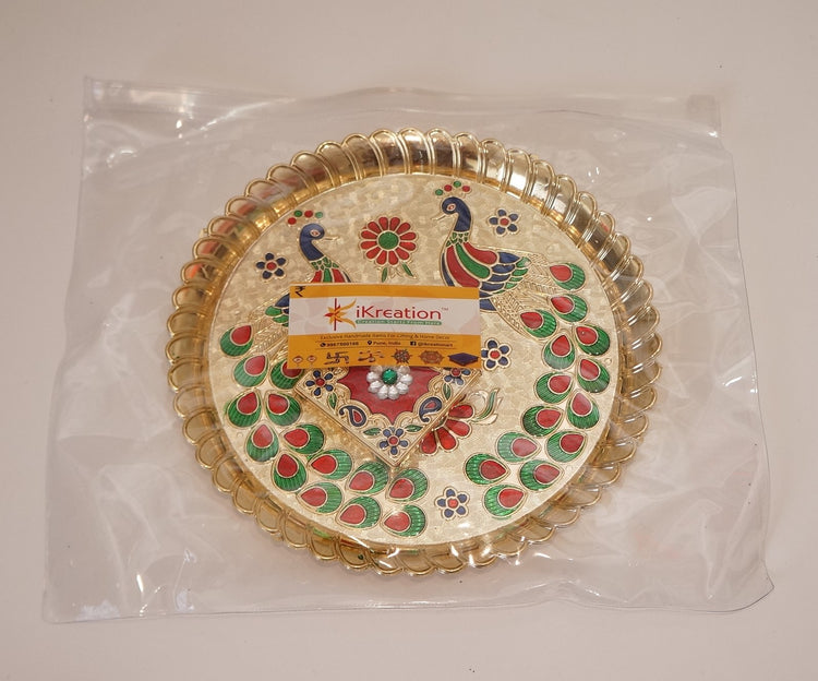 Acrylic Round Shape Peacock Printed Haldi Kumkum Holder/Rakhi Platter/Pooja Thali