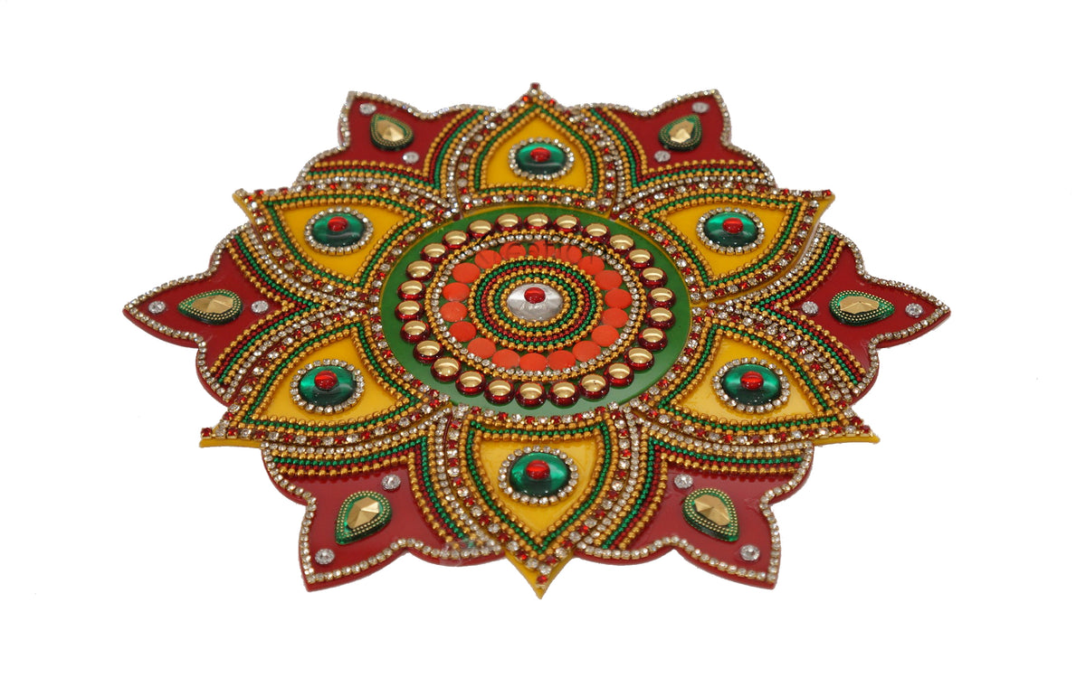 Acrylic Flower Shape Rangoli Pack (Red & Yellow) (23 Cm X 23 Cm)- Set of 13
