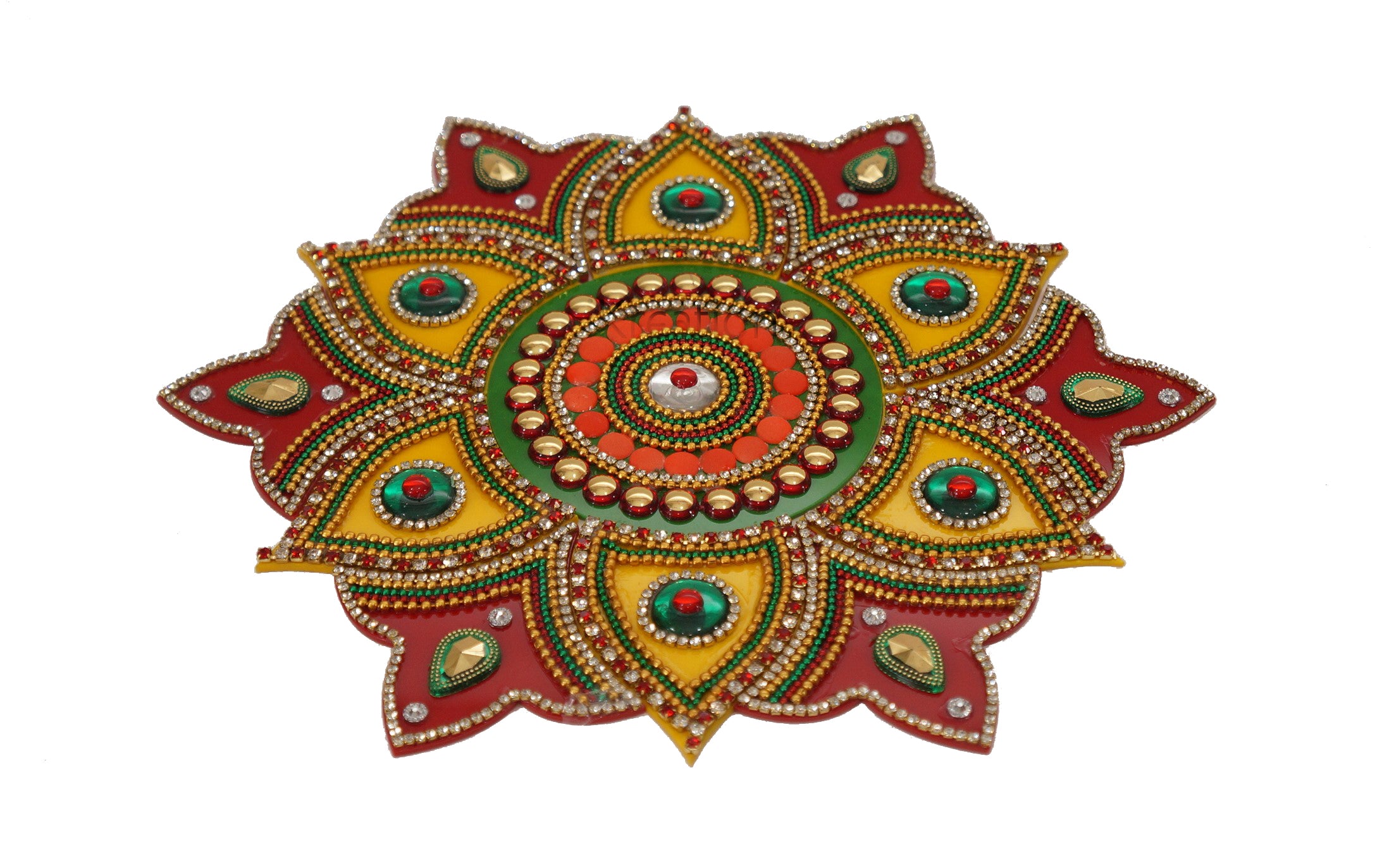 Acrylic Flower Shape Rangoli Pack (Red & Yellow) (23 Cm X 23 Cm)- Set of 13