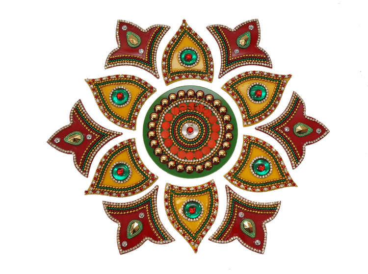 Acrylic Flower Shape Rangoli Pack (Red & Yellow) (23 Cm X 23 Cm)- Set of 13