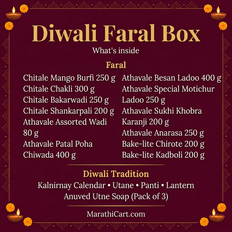 Diwali Faral Box contents banner, updated list