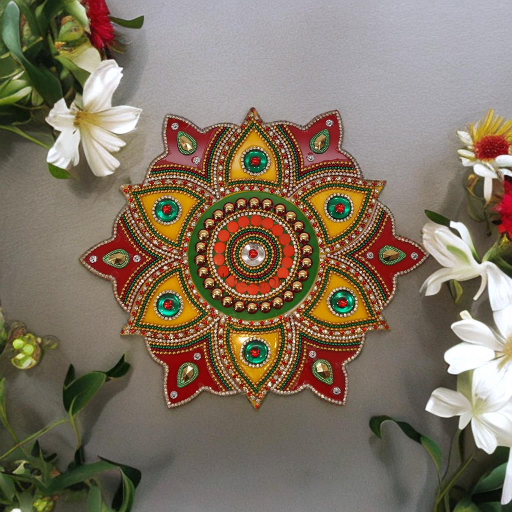 Acrylic Flower Shape Rangoli Pack (Red & Yellow) (23 Cm X 23 Cm)- Set of 13