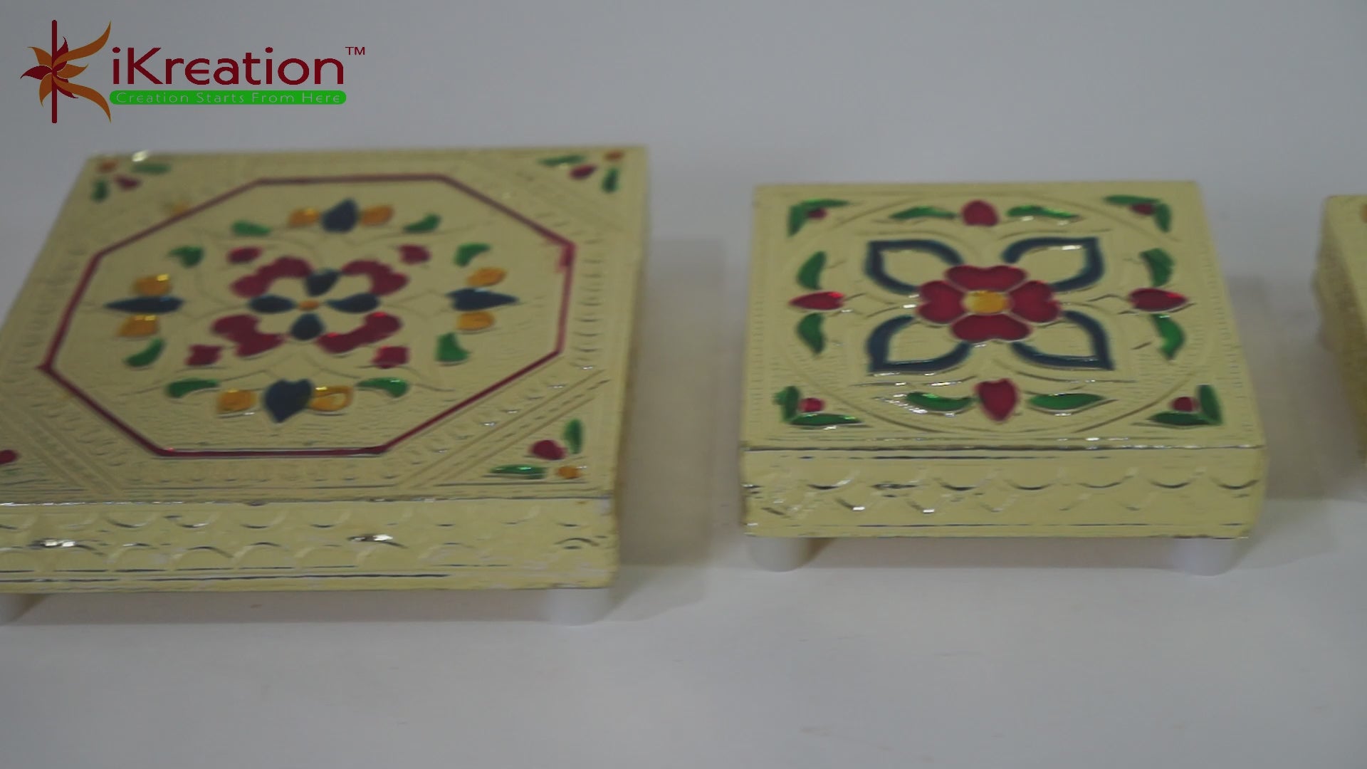 Wooden Minakari Golden Chaurang/Chowki/Bajot/Pata Set of 4 pcs (Small)